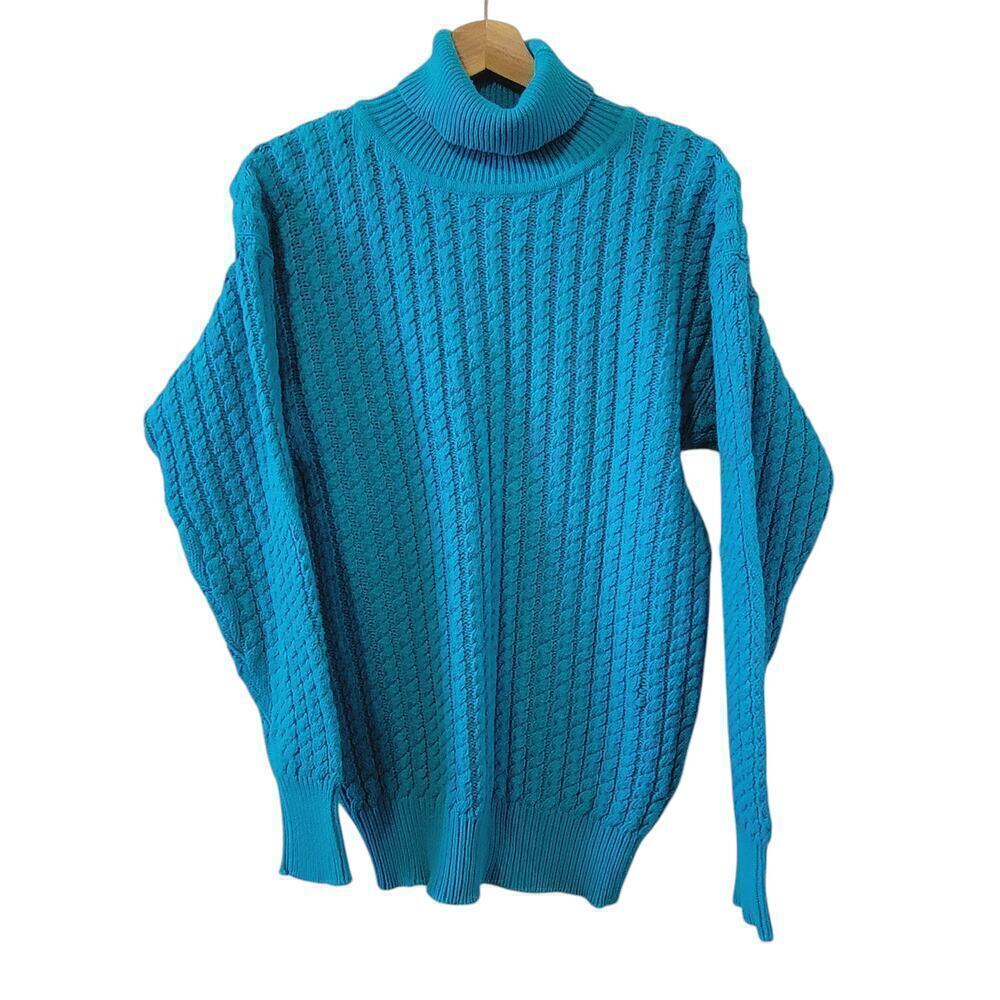 Vintage 90's Y2K Teal/Turquoise Blue Cable Knit Turtle Net Pullover Sweater M